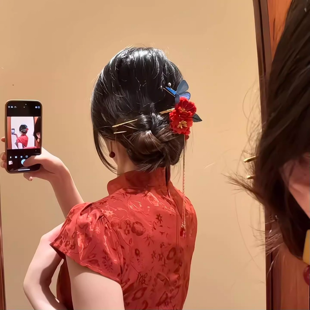 Kẹp Tóc Tua Rua Ngọc Trai Hoa Mận Đỏ Phong Cách Trung Quốc - Phụ Kiện Tóc Thời Trang