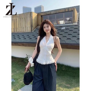 ZHELIHANGFEI Áo Sơ Mi Cổ Yếm Xếp Viền Ren Nhún Bèo TIBU Áo Kiểu Nữ Xẻ Cổ V Phối Bèo Ulzzang Tiểu Thư Đi Chơi Biển