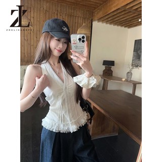 ZHELIHANGFEI Áo Sơ Mi Cổ Yếm Xếp Viền Ren Nhún Bèo TIBU Áo Kiểu Nữ Xẻ Cổ V Phối Bèo Ulzzang Tiểu Thư Đi Chơi Biển