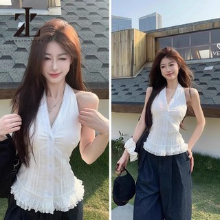 ZHELIHANGFEI Áo Sơ Mi Cổ Yếm Xếp Viền Ren Nhún Bèo TIBU Áo Kiểu Nữ Xẻ Cổ V Phối Bèo Ulzzang Tiểu Thư Đi Chơi Biển