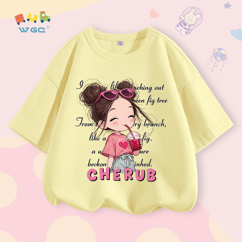 W.G.Q Áo thun cho bé gái , vải Cotton nguyên chất mềm mại thoải mái, in hình bé gái dễ thương