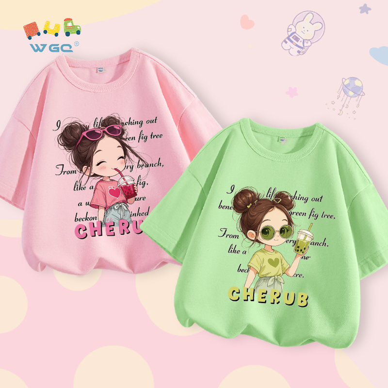 W.G.Q Áo thun cho bé gái , vải Cotton nguyên chất mềm mại thoải mái, in hình bé gái dễ thương