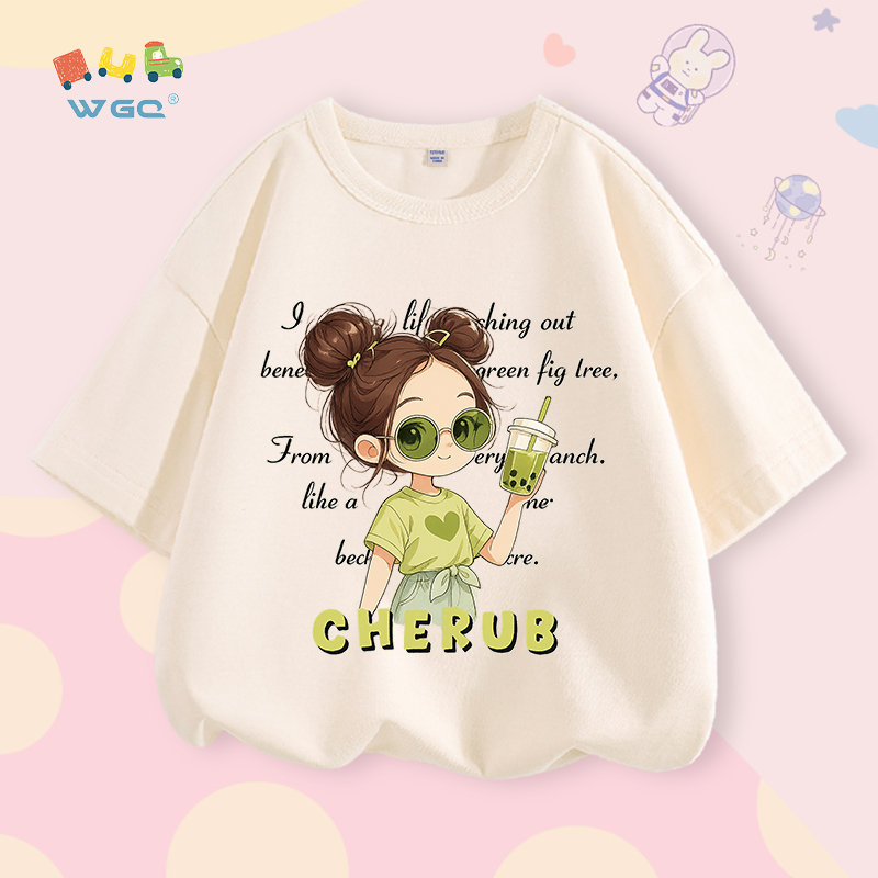 W.G.Q Áo thun cho bé gái , vải Cotton nguyên chất mềm mại thoải mái, in hình bé gái dễ thương