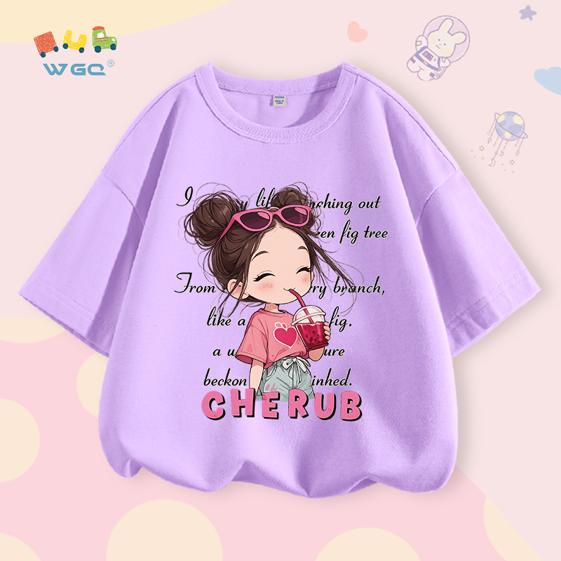 W.G.Q Áo thun cho bé gái , vải Cotton nguyên chất mềm mại thoải mái, in hình bé gái dễ thương