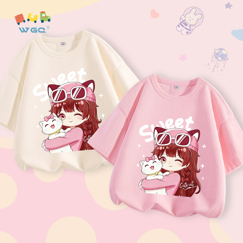 W.G.Q Áo thun cho bé gái , vải 100% Cotton, mềm mại thoải mái, thích hợp cho bé đi học và mặc thể thao ngoài trời