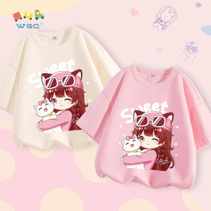 W.G.Q Áo thun cho bé gái , vải 100% Cotton, mềm mại thoải mái, thích hợp cho bé đi học và mặc thể thao ngoài trời