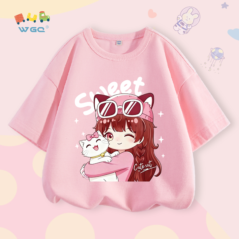 W.G.Q Áo thun cho bé gái , vải 100% Cotton, mềm mại thoải mái, thích hợp cho bé đi học và mặc thể thao ngoài trời