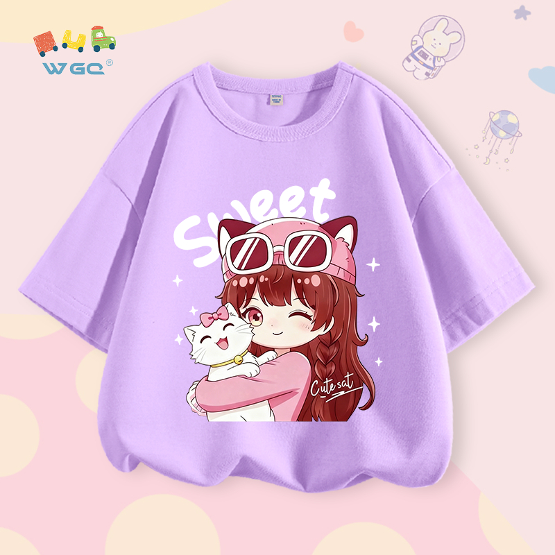 W.G.Q Áo thun cho bé gái , vải 100% Cotton, mềm mại thoải mái, thích hợp cho bé đi học và mặc thể thao ngoài trời