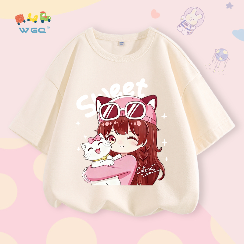 W.G.Q Áo thun cho bé gái , vải 100% Cotton, mềm mại thoải mái, thích hợp cho bé đi học và mặc thể thao ngoài trời