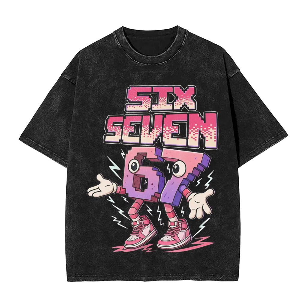 67 Six Seven 6-7 Fun Italian Brainrot Washed Street Hip Hop Áo thun Cotton nam