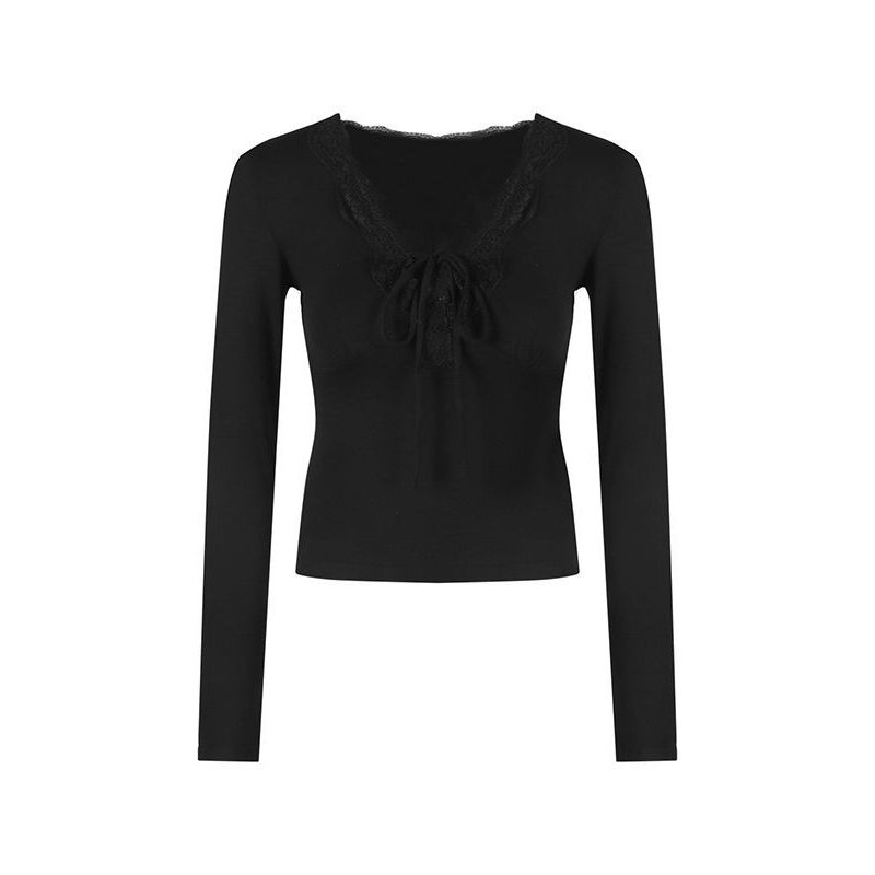 [BANKO] Áo thun dài tay nữ cổ chữ V, chất liệu ren khâu, thiết kế slim fit theo xu hướng mới của thu đông