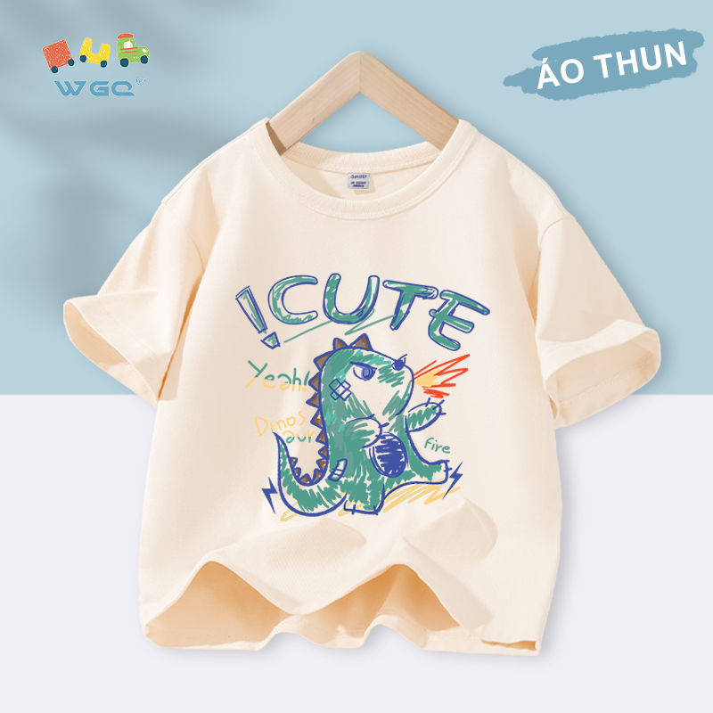 W.G.Q Áo thun bé trai , vải 100% Cotton mềm mại thoải mái, thoáng khí thấm mồ hôi in hình khủng long