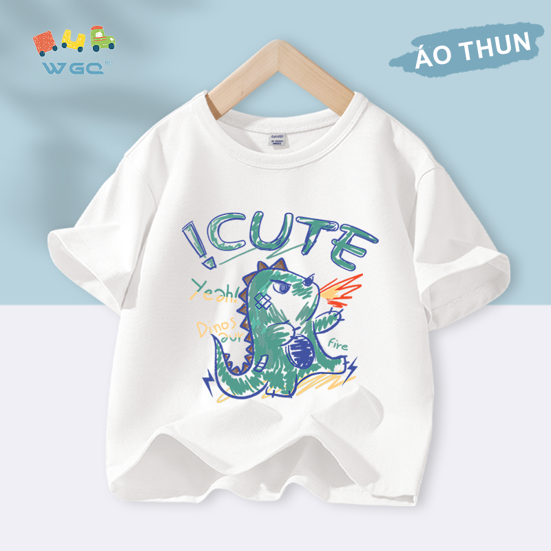 W.G.Q Áo thun bé trai , vải 100% Cotton mềm mại thoải mái, thoáng khí thấm mồ hôi in hình khủng long