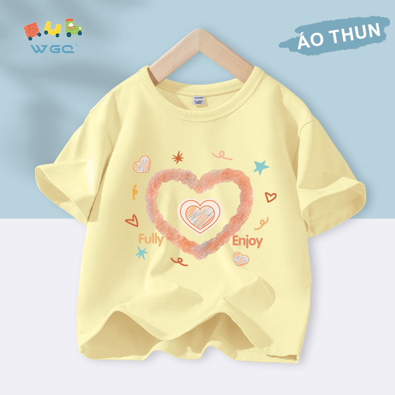 W.G.Q Áo thun bé gái , vải 100% Cotton mềm mại thoải mái, thấm mồ hôi thoáng khí có in hình trái tim