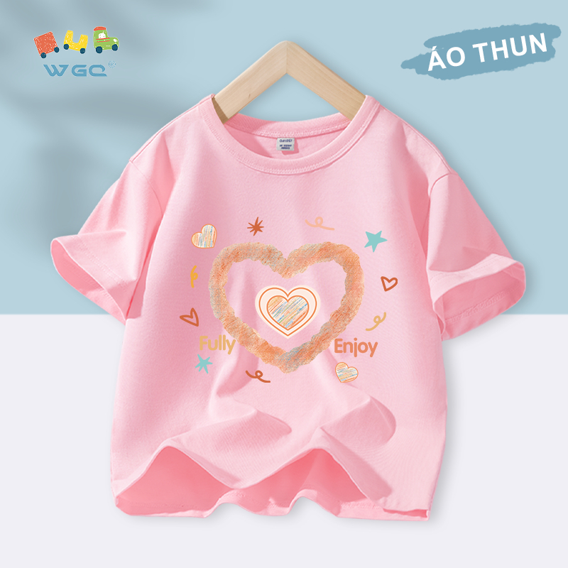 W.G.Q Áo thun bé gái , vải 100% Cotton mềm mại thoải mái, thấm mồ hôi thoáng khí có in hình trái tim