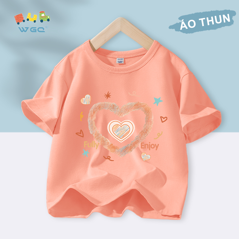 W.G.Q Áo thun bé gái , vải 100% Cotton mềm mại thoải mái, thấm mồ hôi thoáng khí có in hình trái tim