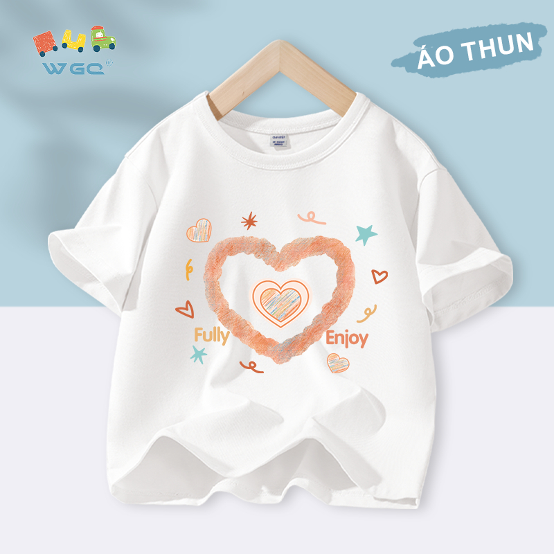 W.G.Q Áo thun bé gái , vải 100% Cotton mềm mại thoải mái, thấm mồ hôi thoáng khí có in hình trái tim