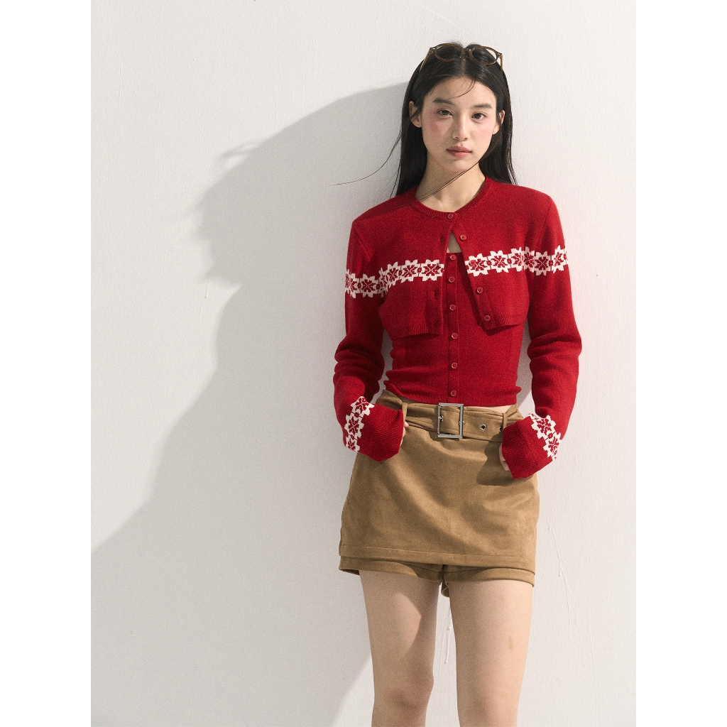 【Hàng giao ngay】Áo khoác cardigan dài tay màu đỏ, phong cách Hàn Quốc, phù hợp mùa thu - kèm bộ đồ hai mảnh dành cho nữ