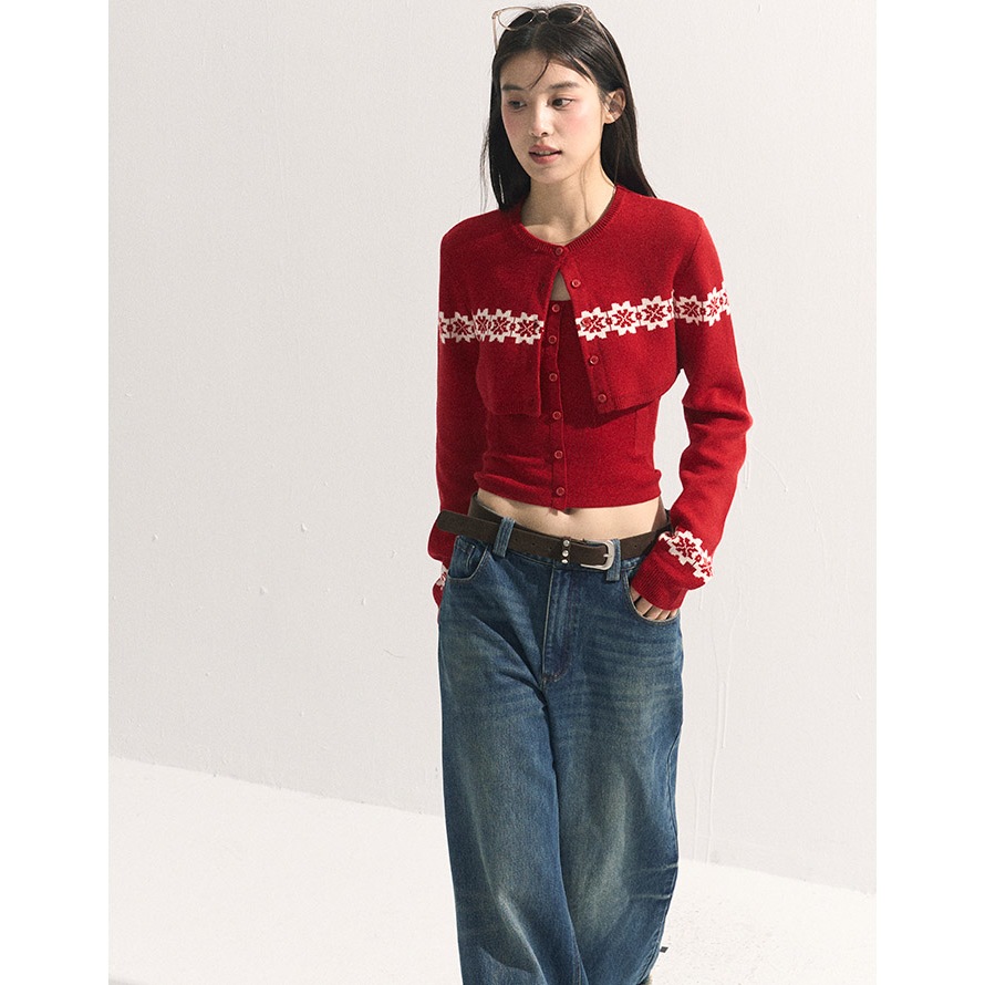 【Hàng giao ngay】Áo khoác cardigan dài tay màu đỏ, phong cách Hàn Quốc, phù hợp mùa thu - kèm bộ đồ hai mảnh dành cho nữ