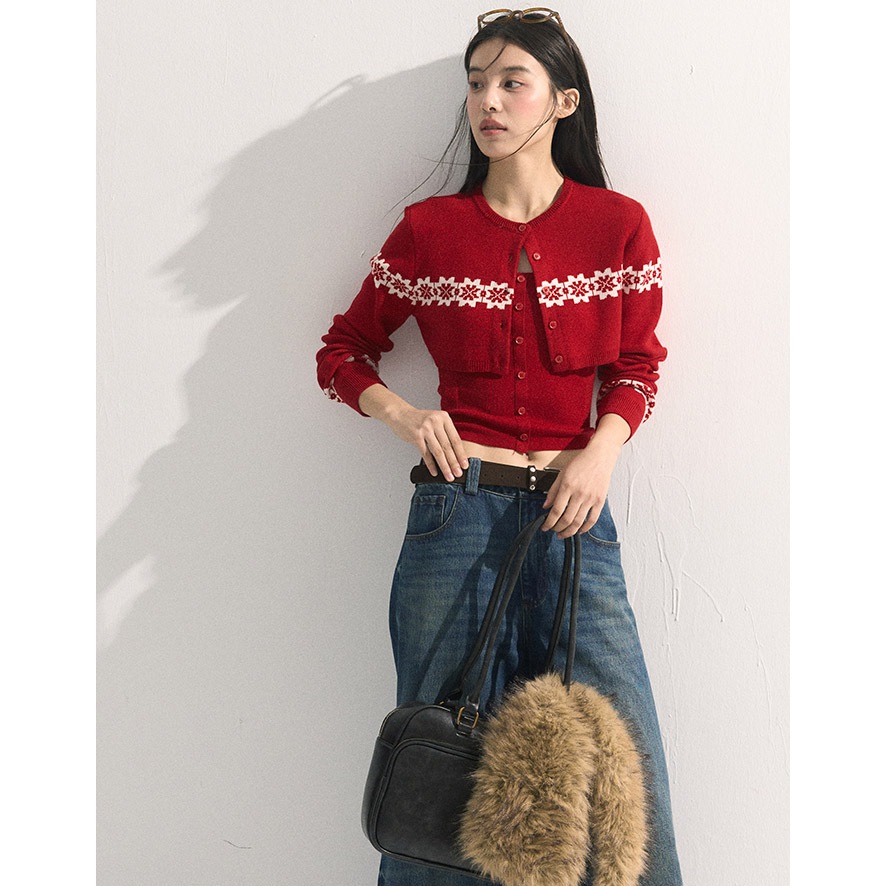 【Hàng giao ngay】Áo khoác cardigan dài tay màu đỏ, phong cách Hàn Quốc, phù hợp mùa thu - kèm bộ đồ hai mảnh dành cho nữ