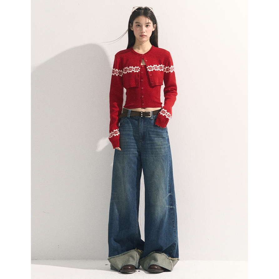 【Hàng giao ngay】Áo khoác cardigan dài tay màu đỏ, phong cách Hàn Quốc, phù hợp mùa thu - kèm bộ đồ hai mảnh dành cho nữ