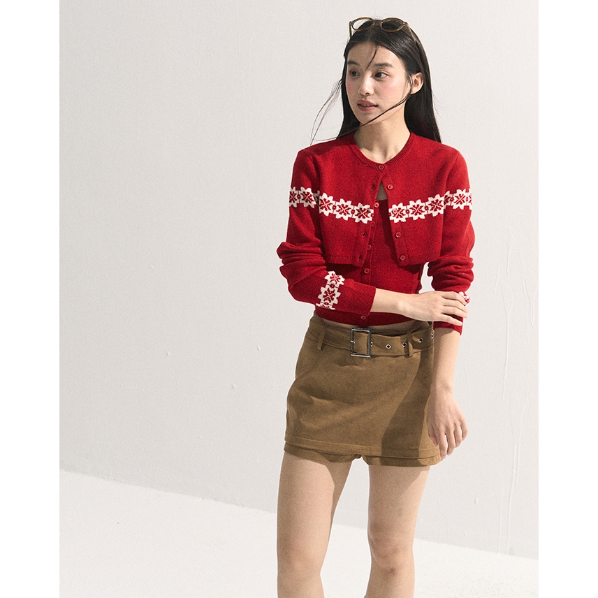 【Hàng giao ngay】Áo khoác cardigan dài tay màu đỏ, phong cách Hàn Quốc, phù hợp mùa thu - kèm bộ đồ hai mảnh dành cho nữ