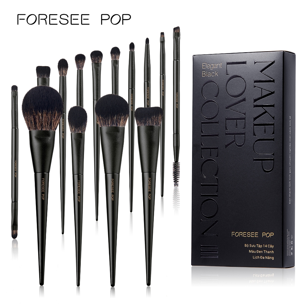 Bộ cọ trang điểm FORESEE POP 14 chiếc – Kem nền Kabuki đen, Đường viền, Kem che khuyết điểm, Phấn & Phấn mắt