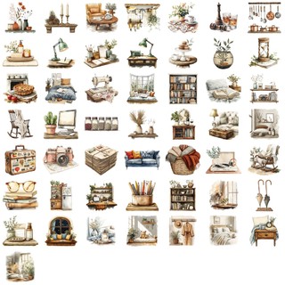 Bộ 50 Retro Nội Thất Nghệ Thuật Miếng Dán Chống Thấm Nước Trong Suốt Chất Liệu PET Trang Trí Miếng Dán Điện Thoại