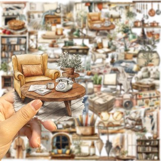 Bộ 50 Retro Nội Thất Nghệ Thuật Miếng Dán Chống Thấm Nước Trong Suốt Chất Liệu PET Trang Trí Miếng Dán Điện Thoại