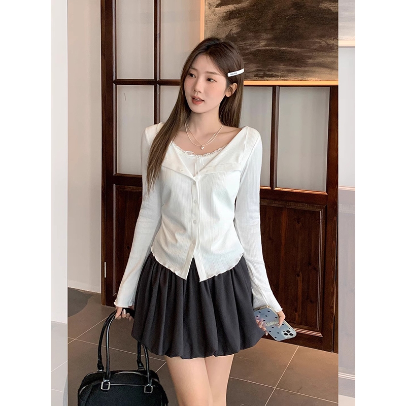 [BANKO] Áo thun dài tay style Hàn Quốc, slim-fit, thiết kế giả hai mảnh với ren và nơ cổ