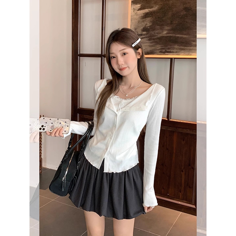 [BANKO] Áo thun dài tay style Hàn Quốc, slim-fit, thiết kế giả hai mảnh với ren và nơ cổ