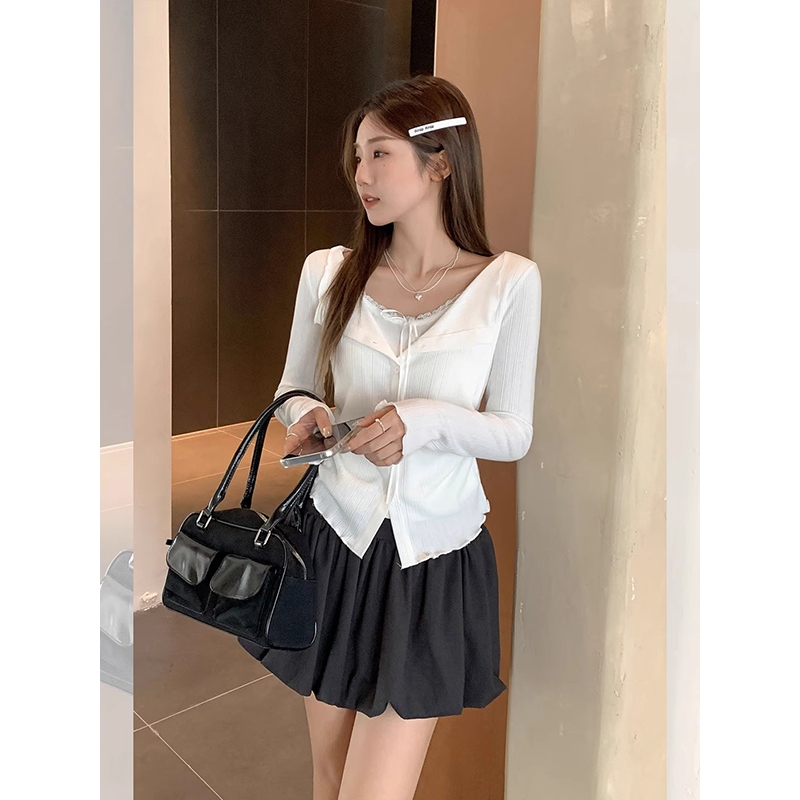 [BANKO] Áo thun dài tay style Hàn Quốc, slim-fit, thiết kế giả hai mảnh với ren và nơ cổ