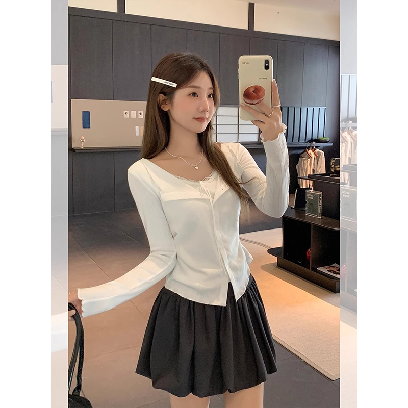 [BANKO] Áo thun dài tay style Hàn Quốc, slim-fit, thiết kế giả hai mảnh với ren và nơ cổ