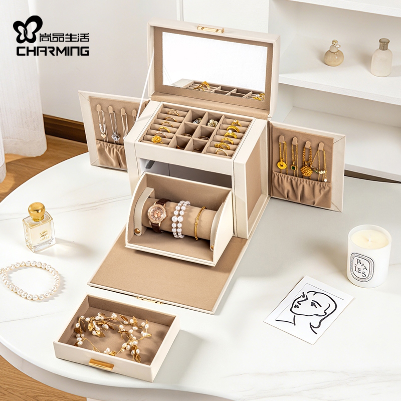 Hộp đựng đồ trang sức CASEGRACE có giá đỡ cuộn đồng hồ 3 lớp có khóa và chìa khóa Hộp đựng đồ trang sức có hộp đựng gương tích hợp cho nhẫn Vòng cổ bông tai