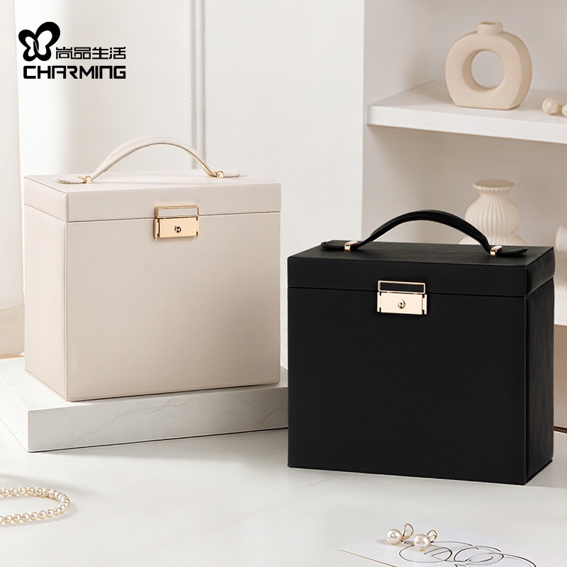 Hộp đựng đồ trang sức CASEGRACE có giá đỡ cuộn đồng hồ 3 lớp có khóa và chìa khóa Hộp đựng đồ trang sức có hộp đựng gương tích hợp cho nhẫn Vòng cổ bông tai