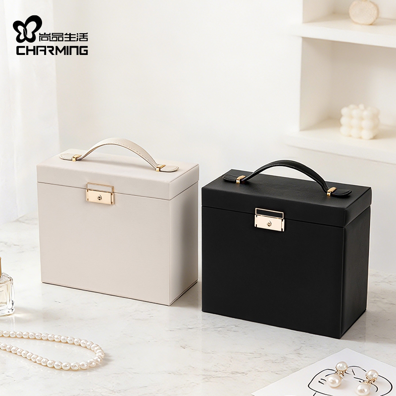 Hộp đựng đồ trang sức CASEGRACE có giá đỡ cuộn đồng hồ 3 lớp có khóa và chìa khóa Hộp đựng đồ trang sức có hộp đựng gương tích hợp cho nhẫn Vòng cổ bông tai