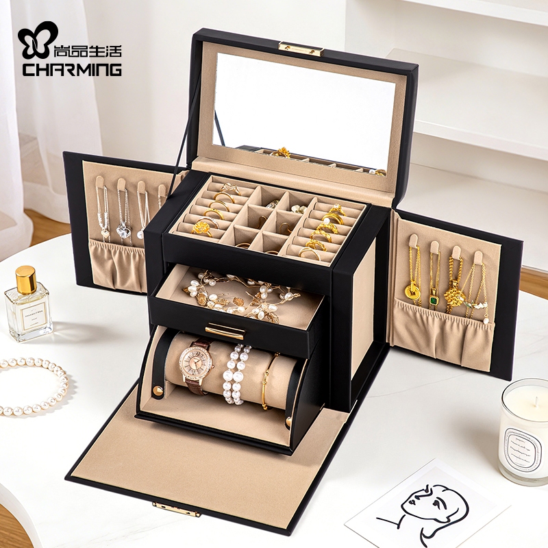 Hộp đựng đồ trang sức CASEGRACE có giá đỡ cuộn đồng hồ 3 lớp có khóa và chìa khóa Hộp đựng đồ trang sức có hộp đựng gương tích hợp cho nhẫn Vòng cổ bông tai