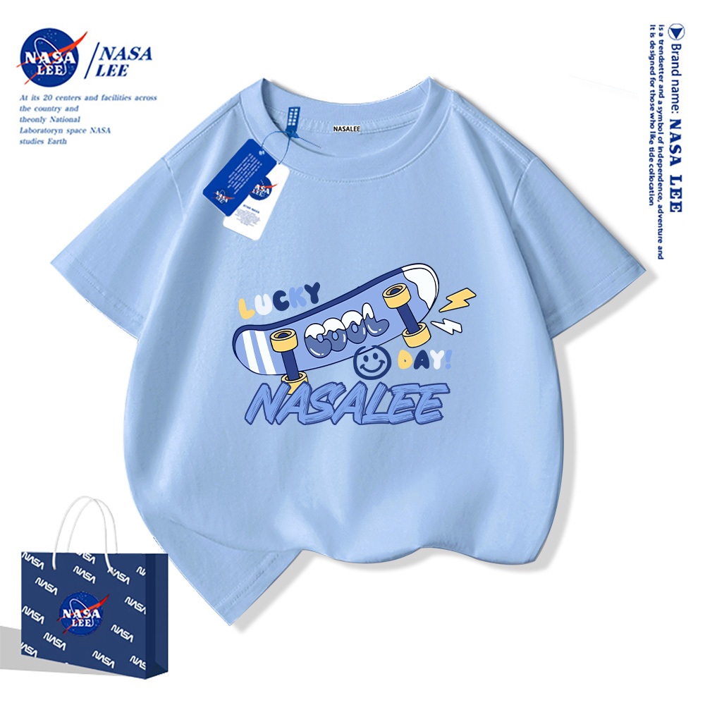 NASA Áo thun trẻ em chất liệu cotton, màu xanh sữa với họa tiết trượt ván, thoải mái và thoáng khí, phù hợp cho cả bé trai và bé gái.