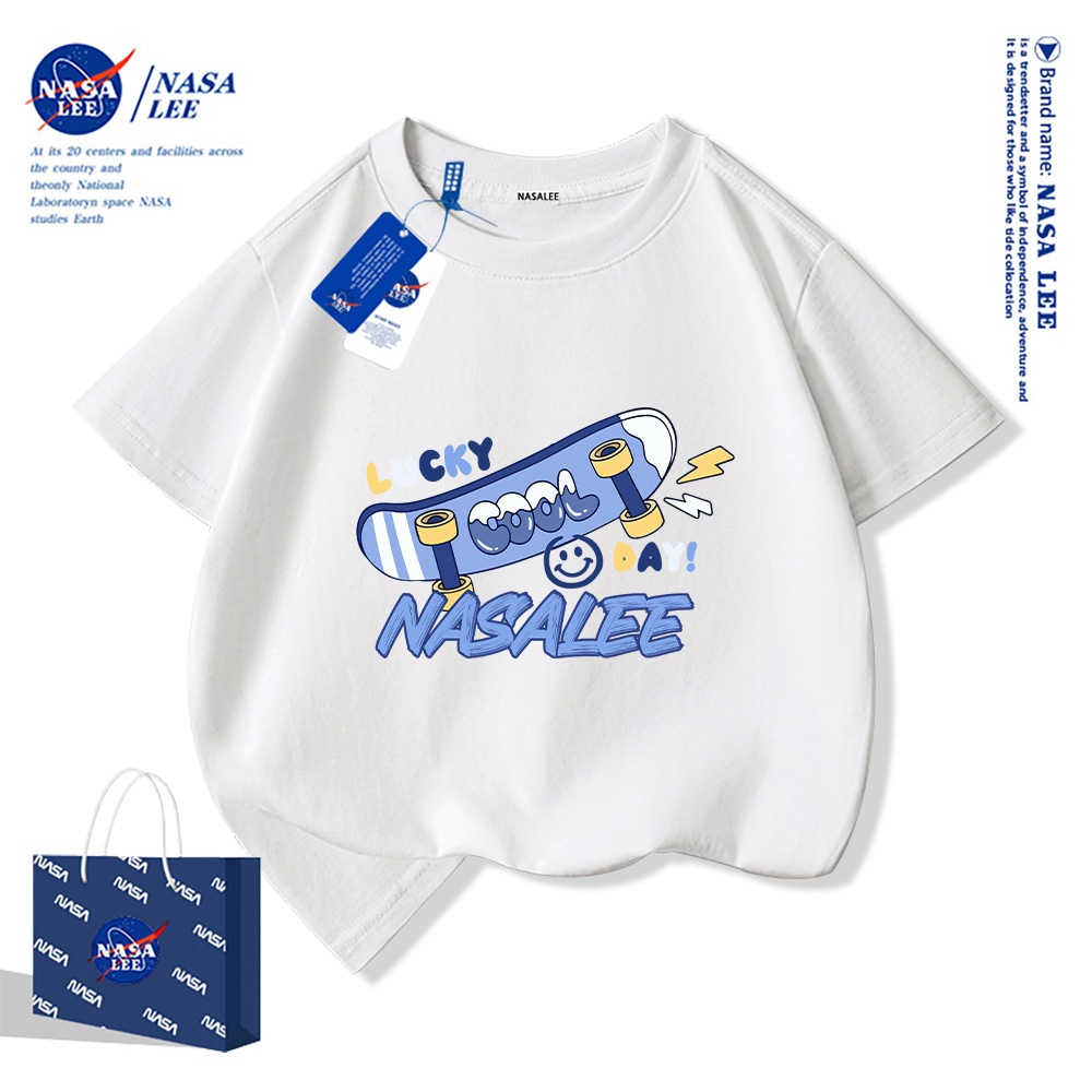 NASA Áo thun trẻ em chất liệu cotton, màu xanh sữa với họa tiết trượt ván, thoải mái và thoáng khí, phù hợp cho cả bé trai và bé gái.
