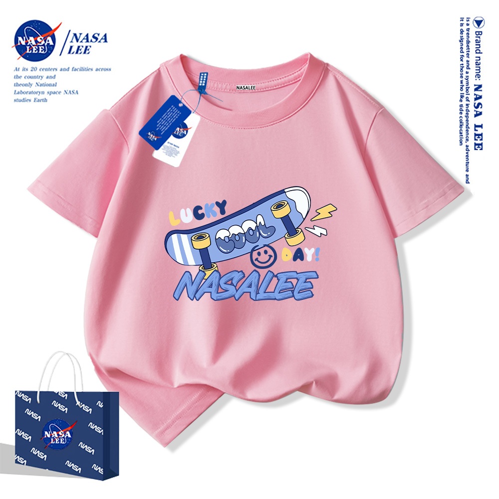 NASA Áo thun trẻ em chất liệu cotton, màu xanh sữa với họa tiết trượt ván, thoải mái và thoáng khí, phù hợp cho cả bé trai và bé gái.