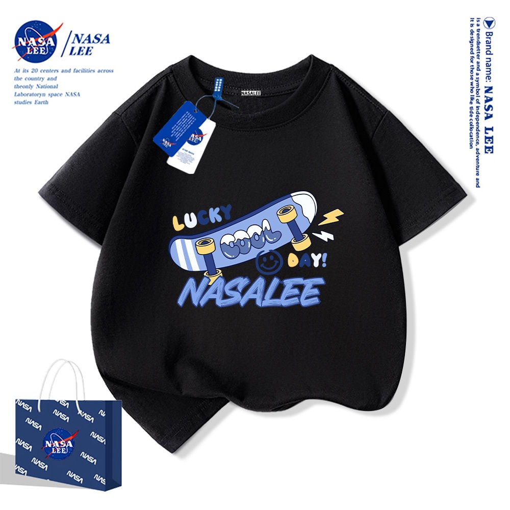 NASA Áo thun trẻ em chất liệu cotton, màu xanh sữa với họa tiết trượt ván, thoải mái và thoáng khí, phù hợp cho cả bé trai và bé gái.