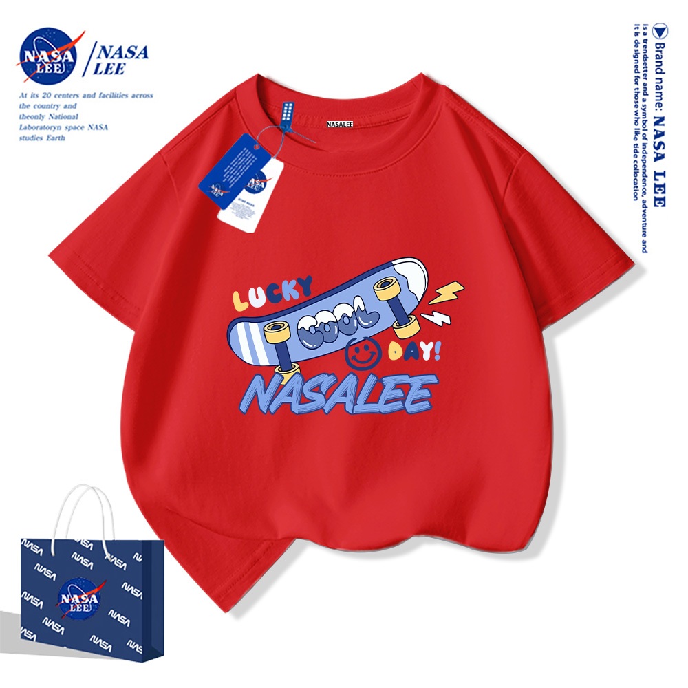 NASA Áo thun trẻ em chất liệu cotton, màu xanh sữa với họa tiết trượt ván, thoải mái và thoáng khí, phù hợp cho cả bé trai và bé gái.
