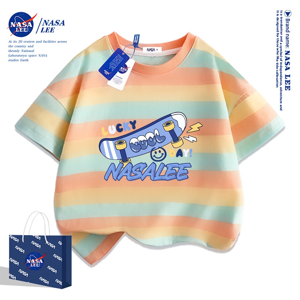 NASA Áo thun trẻ em chất liệu cotton, màu xanh sữa với họa tiết trượt ván, thoải mái và thoáng khí, phù hợp cho cả bé trai và bé gái.