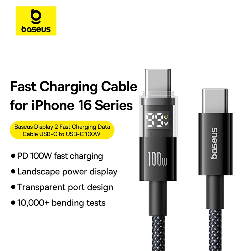 Cáp dữ liệu sạc nhanh Baseus Display 2 Type-C sang USB-C 100W Dây cáp sạc nhanh 1m 2m cho iP 15 16 Xiaomi Huawei