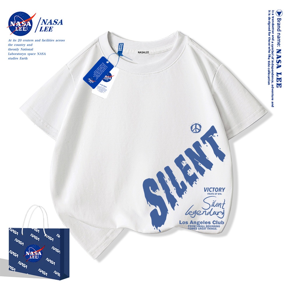 NASA Áo thun trẻ em chất liệu cotton, màu xanh sữa với họa tiết trượt ván, thoải mái và thoáng khí, phù hợp cho cả bé trai và bé gái.