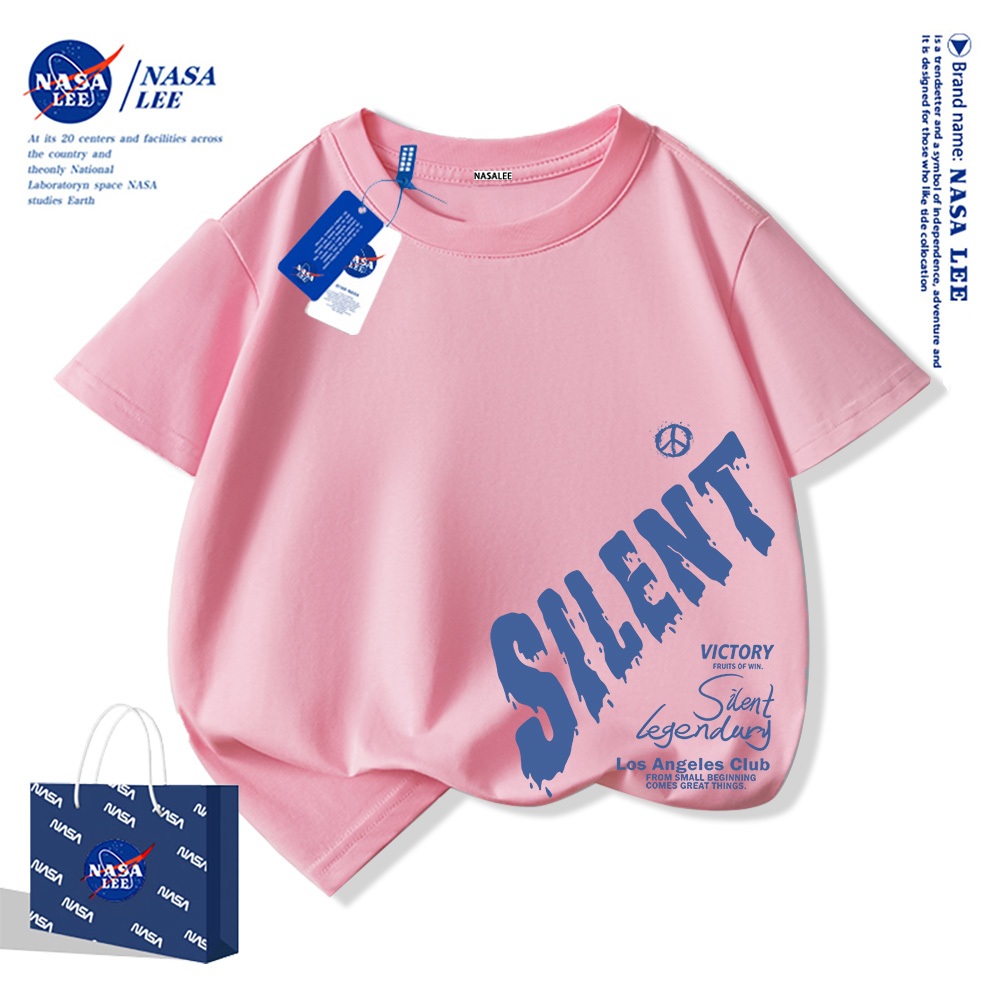 NASA Áo thun trẻ em chất liệu cotton, màu xanh sữa với họa tiết trượt ván, thoải mái và thoáng khí, phù hợp cho cả bé trai và bé gái.