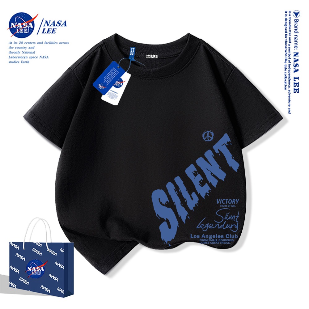 NASA Áo thun trẻ em chất liệu cotton, màu xanh sữa với họa tiết trượt ván, thoải mái và thoáng khí, phù hợp cho cả bé trai và bé gái.