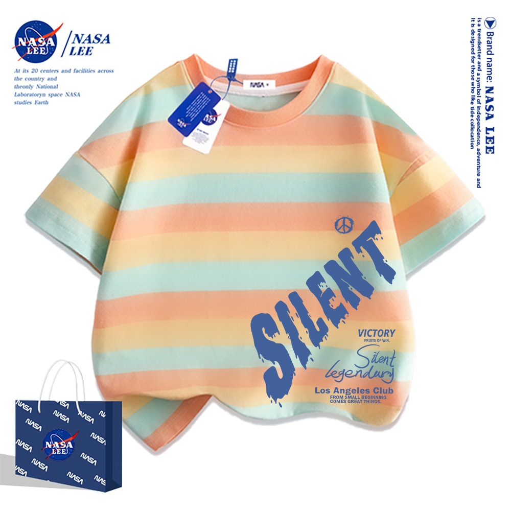 NASA Áo thun trẻ em chất liệu cotton, màu xanh sữa với họa tiết trượt ván, thoải mái và thoáng khí, phù hợp cho cả bé trai và bé gái.