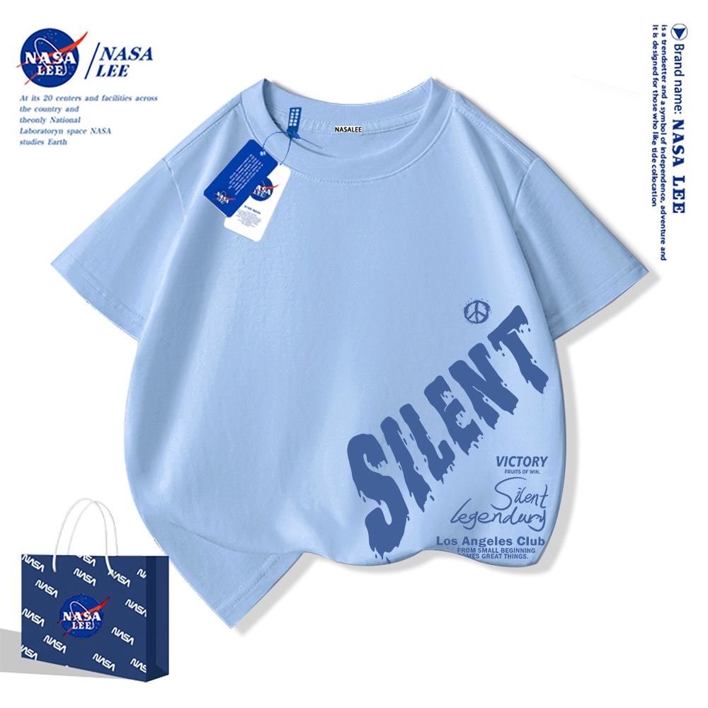 NASA Áo thun trẻ em chất liệu cotton, màu xanh sữa với họa tiết trượt ván, thoải mái và thoáng khí, phù hợp cho cả bé trai và bé gái.