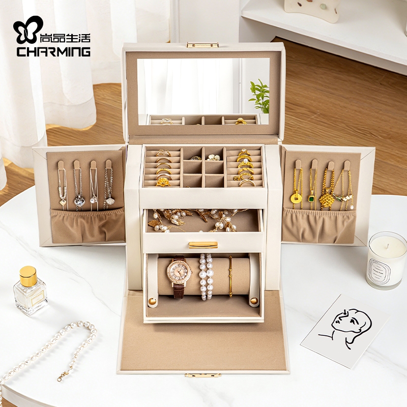 Hộp đựng đồ trang sức CASEGRACE có giá đỡ cuộn đồng hồ 3 lớp có khóa và chìa khóa Hộp đựng đồ trang sức có hộp đựng gương tích hợp cho nhẫn Vòng cổ bông tai